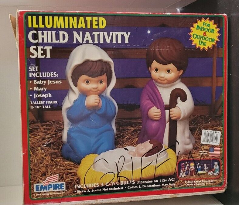 Vintage Empire Blow Mold Illuminated Child Nativity Set In Orig Box Working.