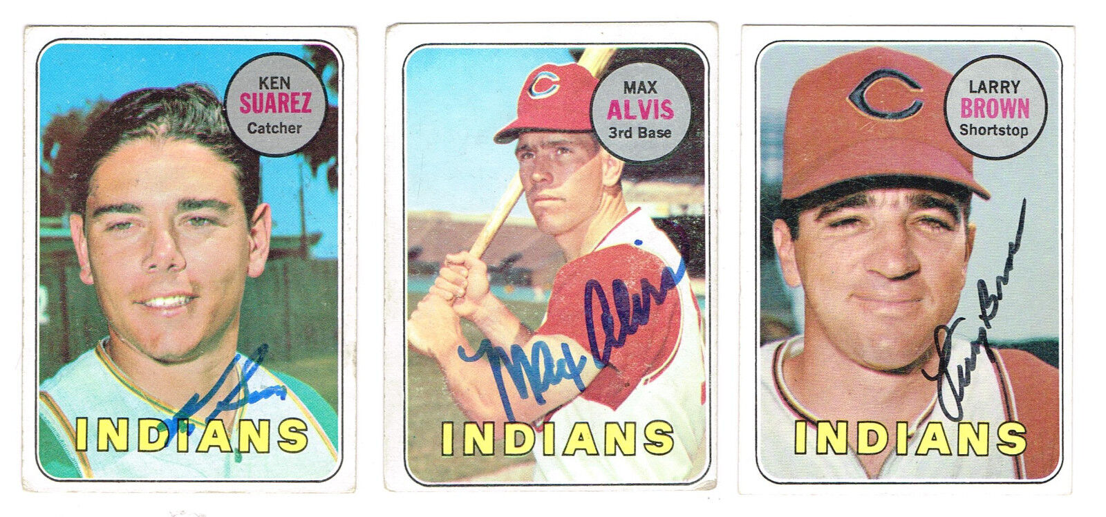 1969 Topps Baseball CLEVELAND INDIANS 3 autographed card lot ALVIS SUAREZ BROWN