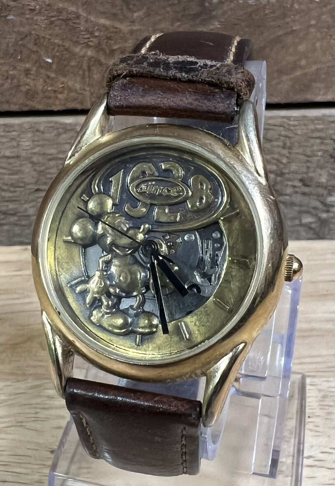 Antique 1928 Disney Mickey Mouse Brass Toned 3D Skeleton Watch Leather Strap