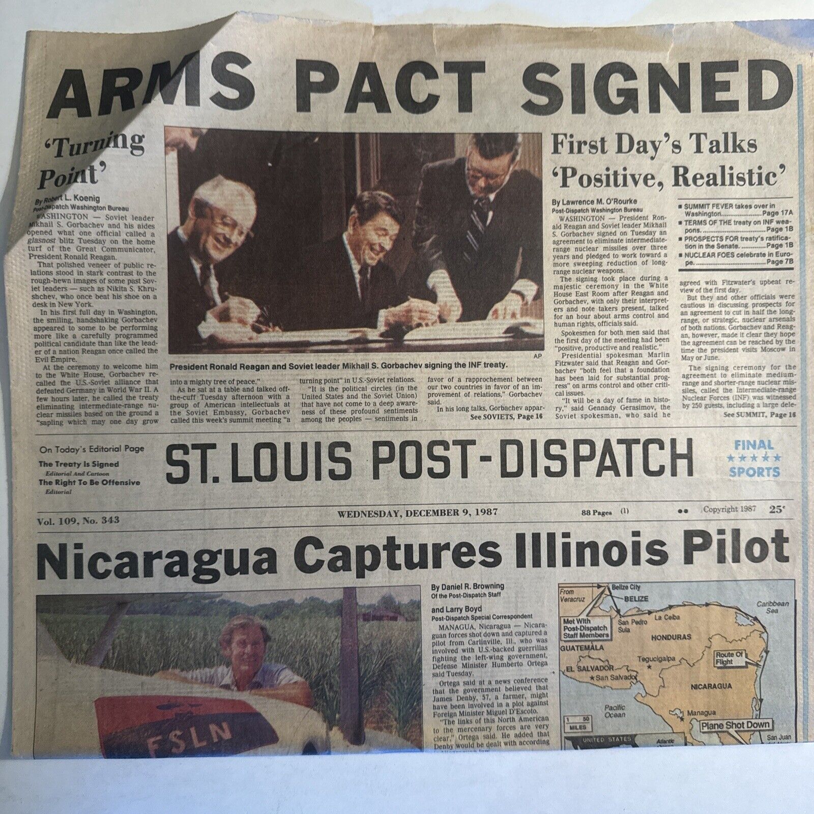 Ronald Reagan, Soviet Union Treaty Signed St. Louis Post Dec. 9 1987 Newspaper