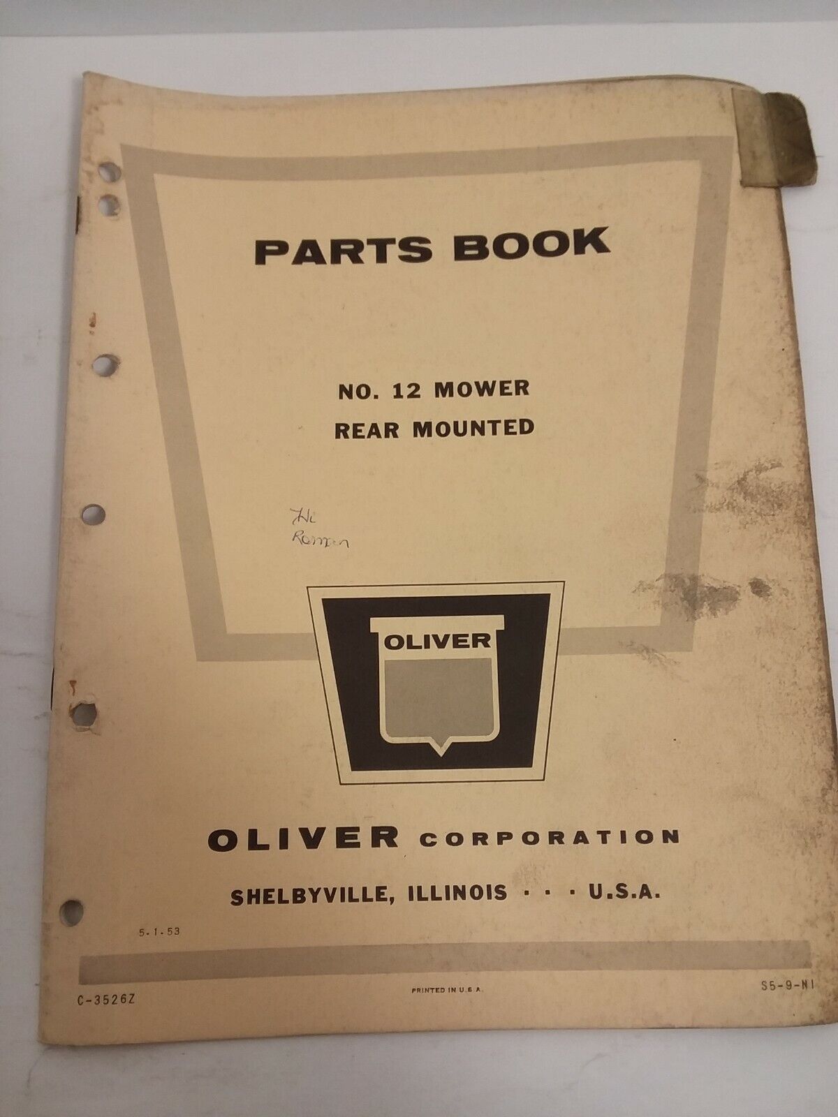 Oliver no. 12 mower rear mounted Oem Parts Catalog 