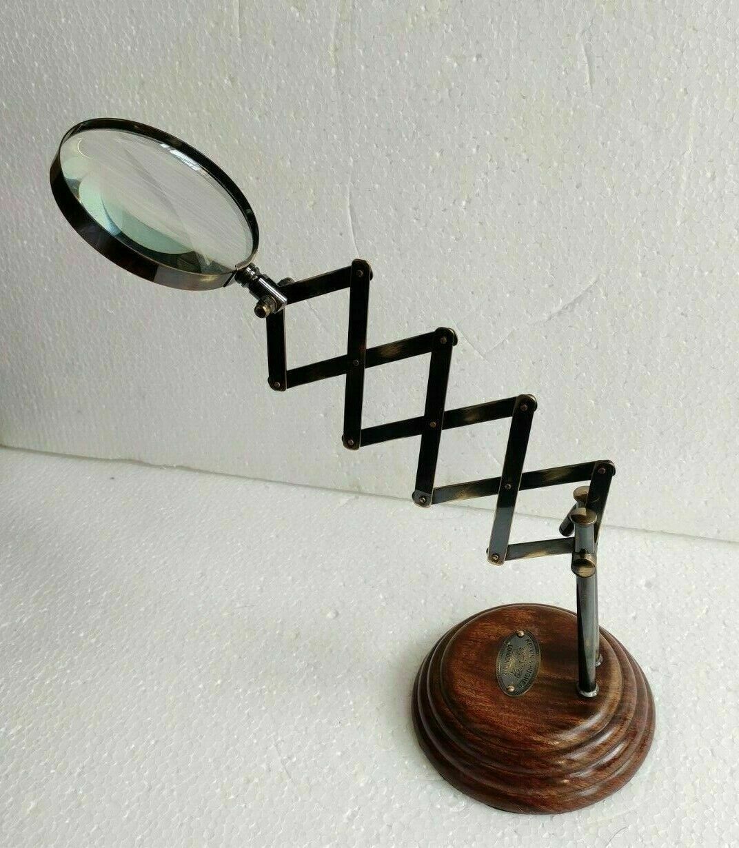 Vintage Magnifier Brass Magnifying Glass on Wooden Style Desktop Tabletop Stand