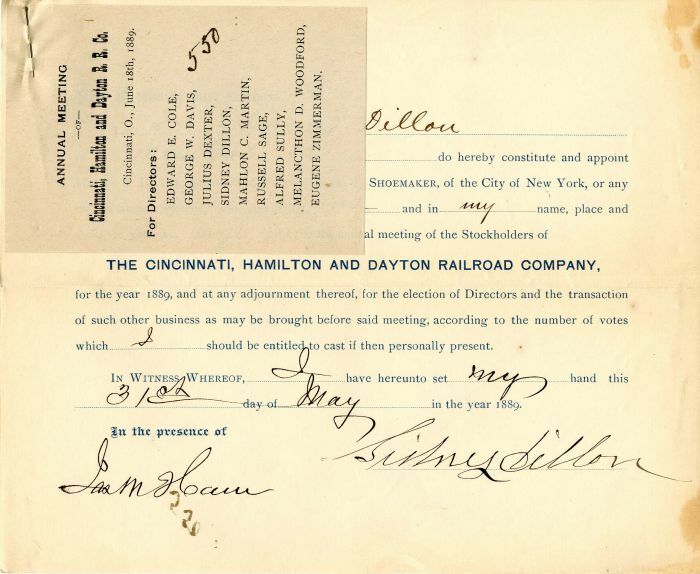 Cincinnati, Hamilton and Dayton Railroad Co. issued to Sidney Dillon - Stock Cer