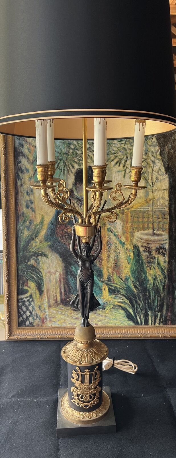 RARE FRENCH EMPIRE CANDELABRA LAMP Bronze As Seen Gilded Age Gorgeous 38”Figural
