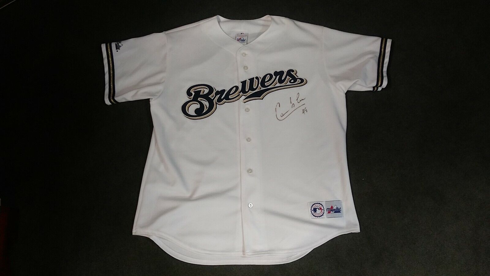 Signed autograph Carlos Lee #45 Milwaukee Brewers shirt jersey majestic large