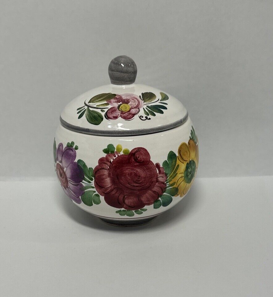 Vtg RARE GMUNDNER KERAMIK AUSTRIA Flower Hand Painted Sugar Bowl Jar See Pics.