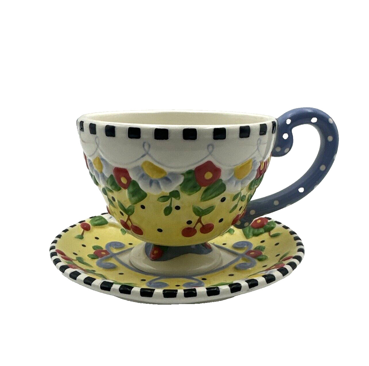 ￼Mary Engelbreit Tea Cup & Saucer Flowers Cherries Michel & Co 2002