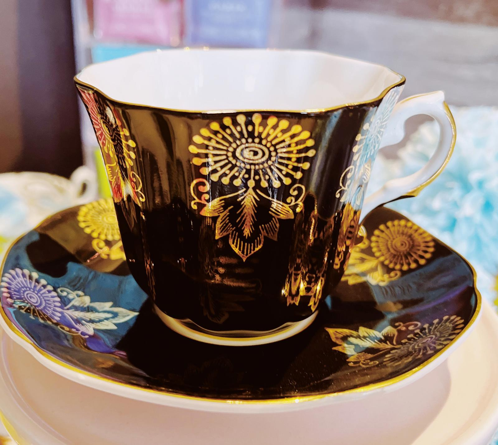 Gorgeous Black Royal Stafford and Gold VINTAGE Teacup w/ Extensive Gold Filigree
