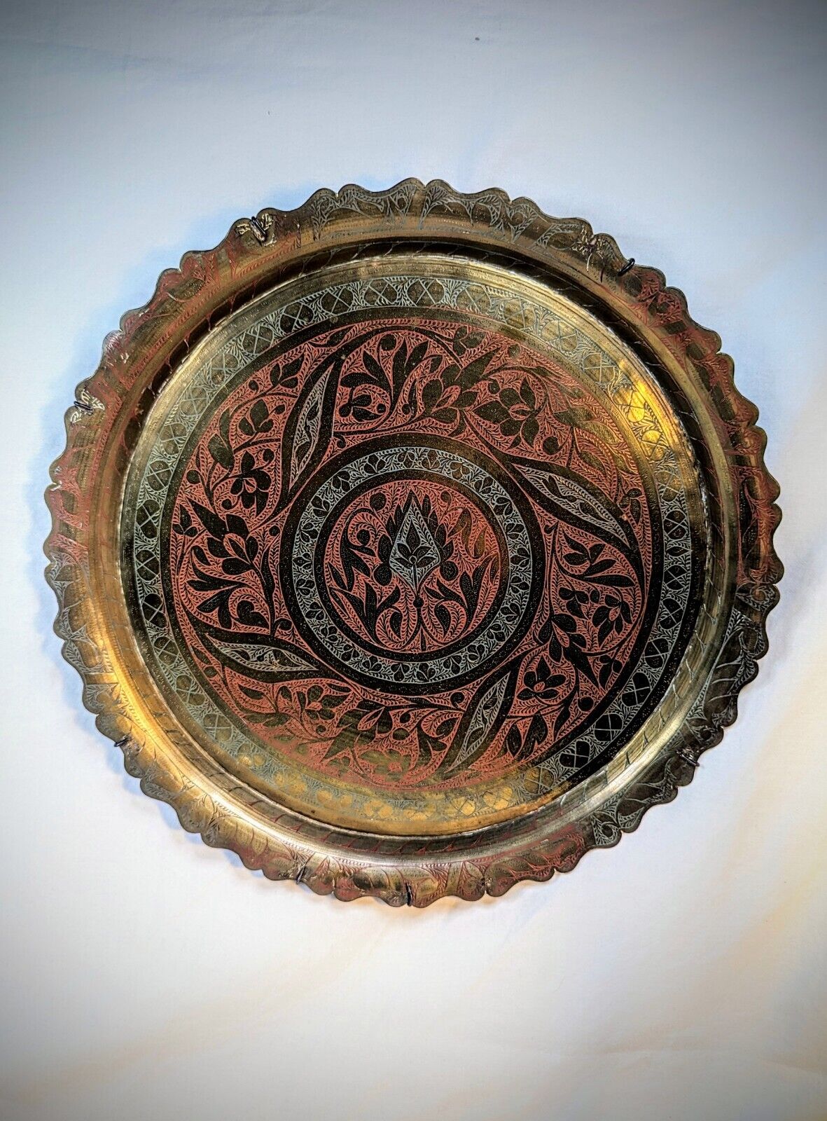 Vintage Brass Platter Engraved Etched Middle East Serving Charger Wall Hanging