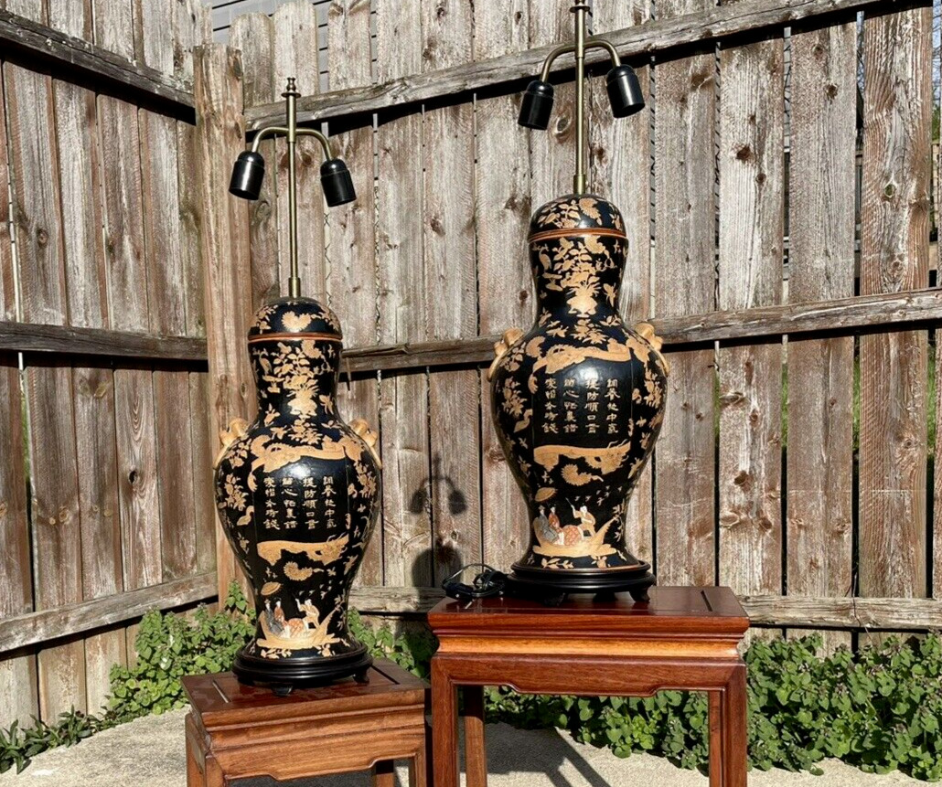 Pair Chinese Asian Porcelain Large Table lamps 20th C Export Fine Detail Quality