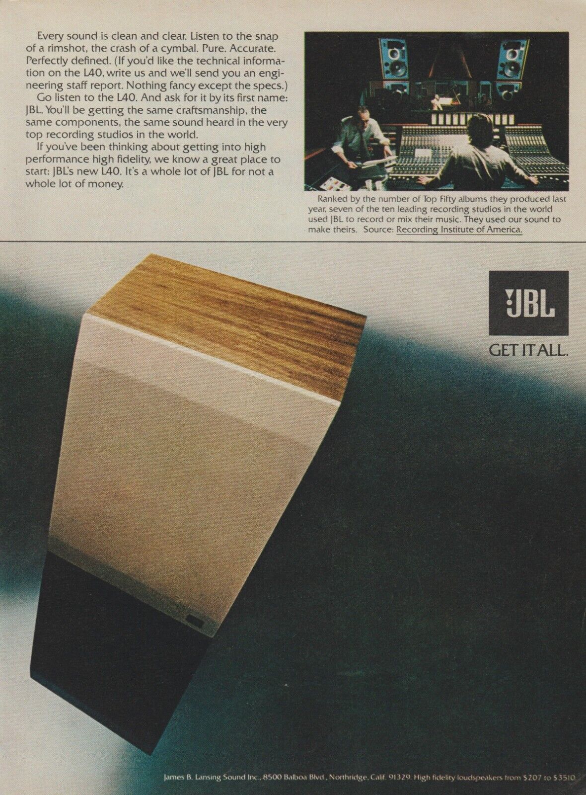 1977 JBL L40 Stereo Speakers - \