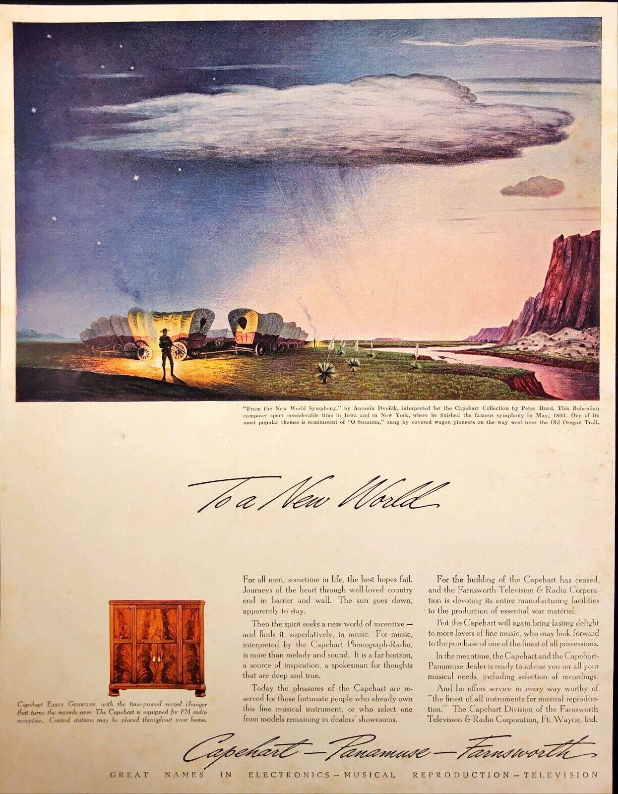 Capehart Panamuse Farnsworth Covered Wagon Old Oregon Trail Print Ad 1942