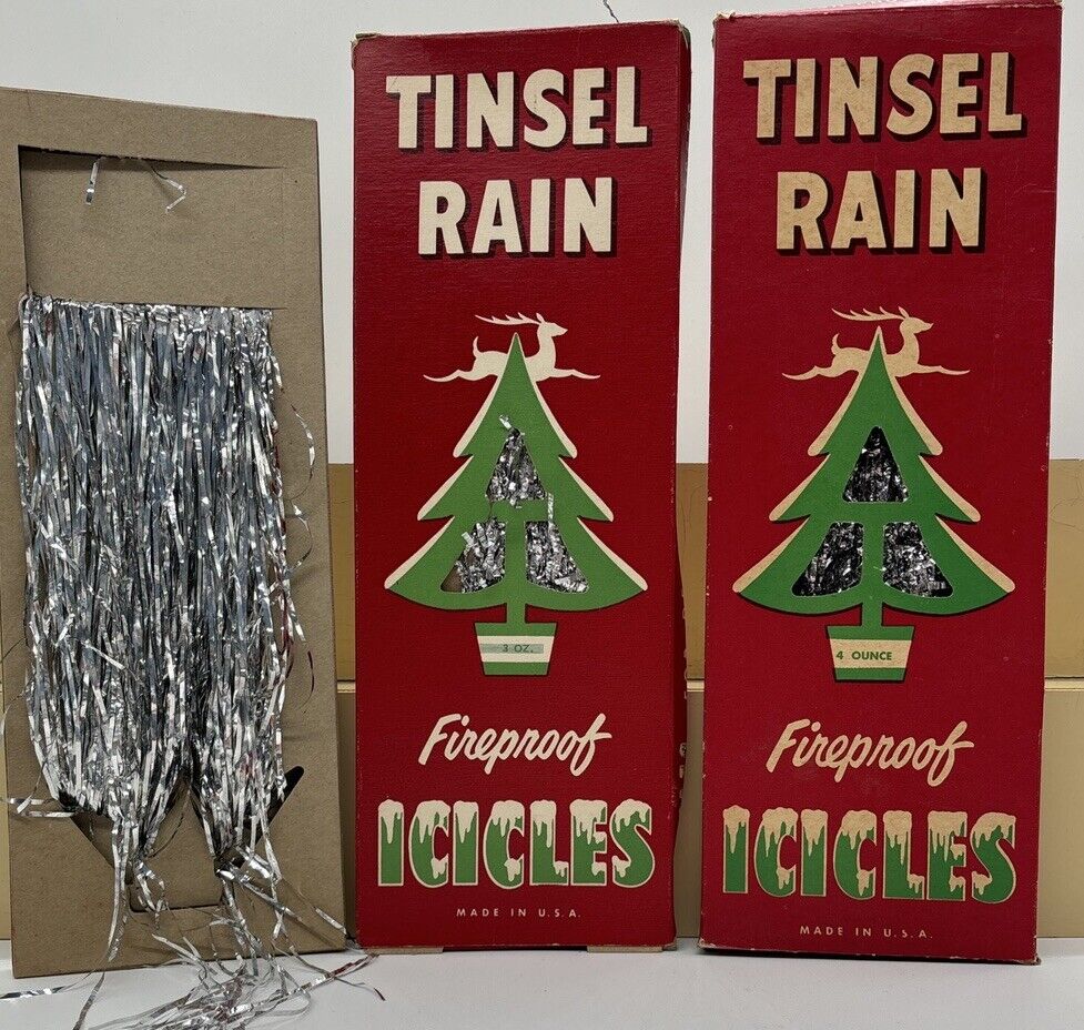 1940s-50s CHRISTMAS ICICLES VINTAGE TINSEL RAIN BOX Fireproof 3oz 4oz Bxs Plus