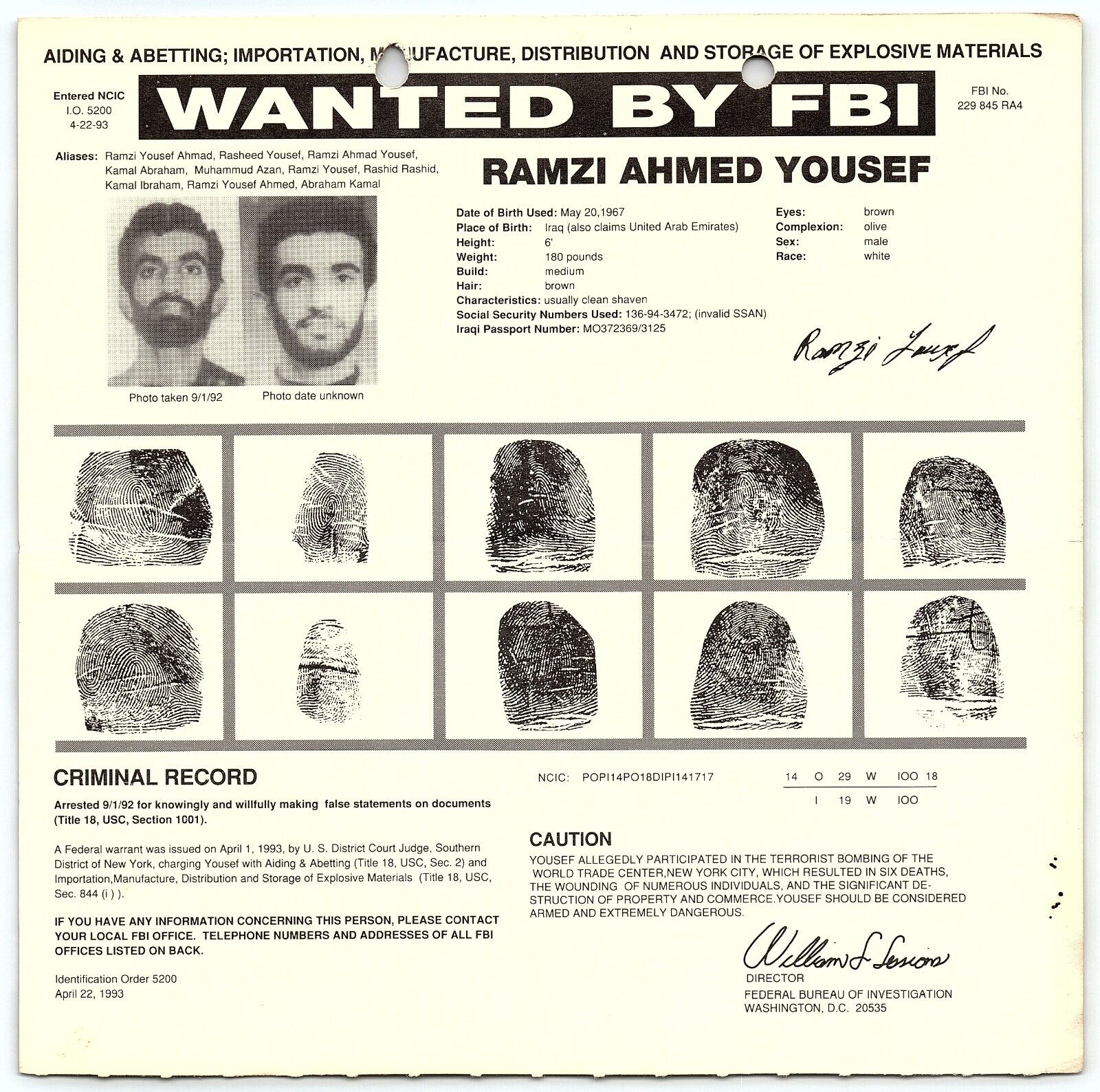 1993 FBI WANTED POSTER RAMZI AHMED YOUSEF WORLD TRADE CENTER BOMBER RARE  Z4970