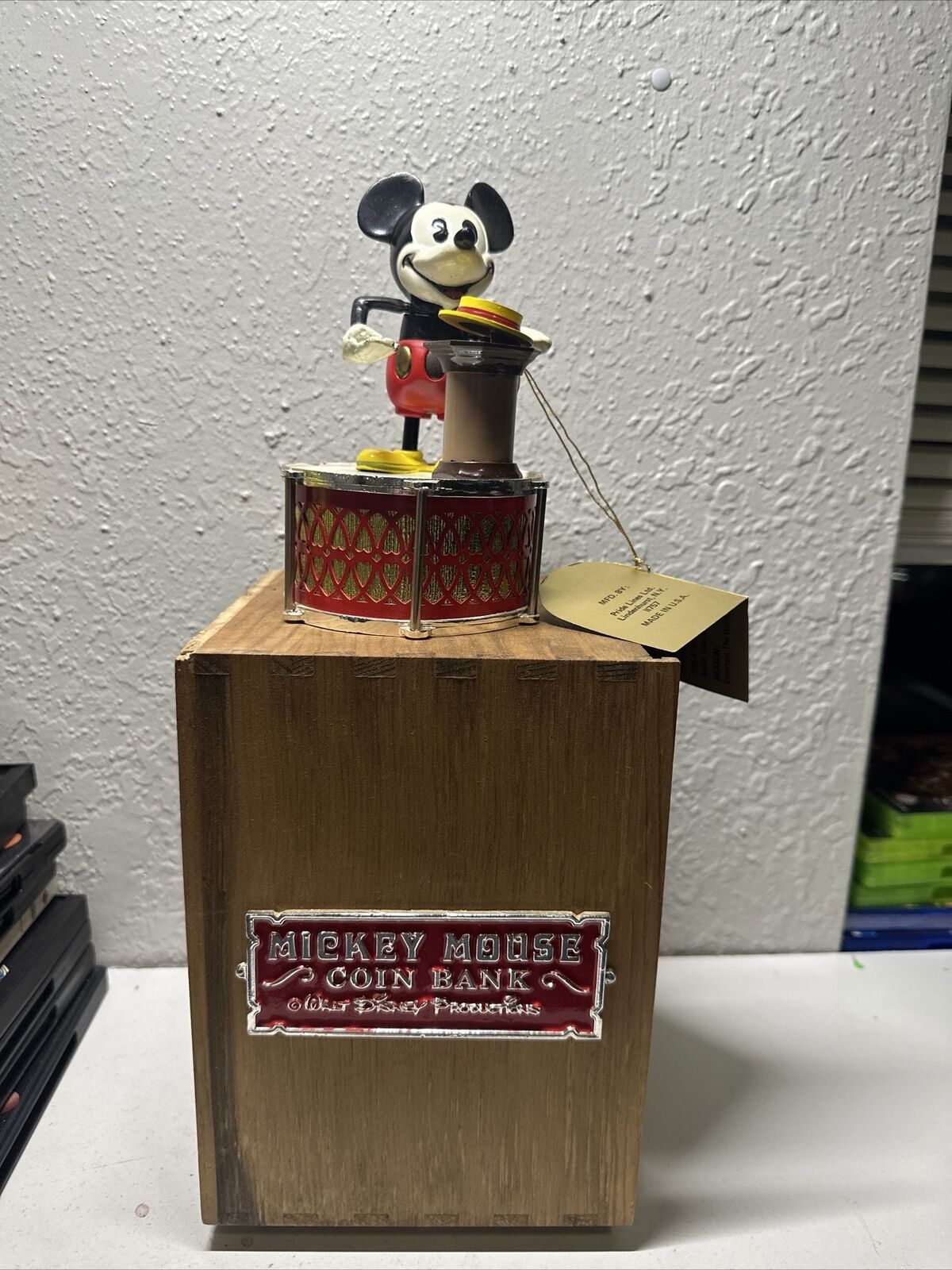 Pride Lines Mickey Mouse Mechanical Coin Bank w/ Wooden Box and Key
