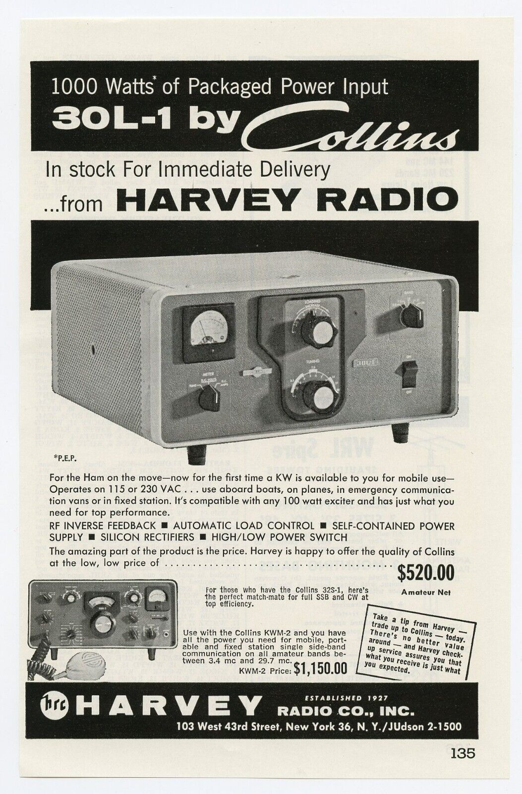 QST Ham Radio Mag. Ad 1000 Watts of Packaged Power Input COLLINS 30L-1 (7/62)