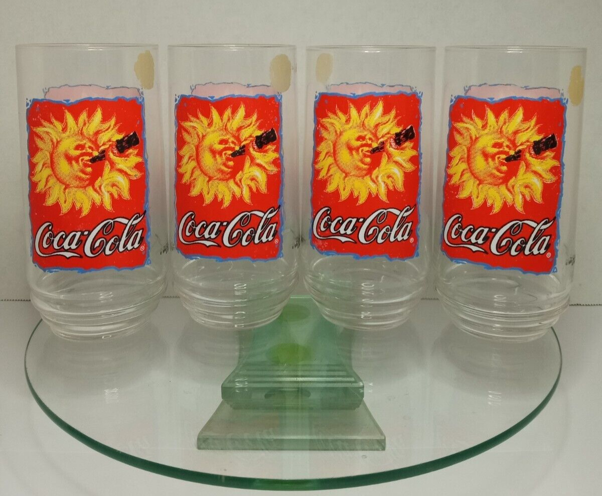 Coca Cola Glass Cup Set of 4 Sunshine Drinking Coke Red Yellow Collectible