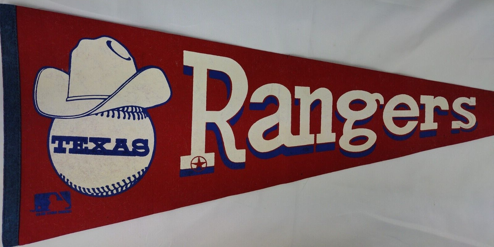Vintage 1970\'s Texas Rangers Pennant Red Cowboy Hat Full Size 30”x12”
