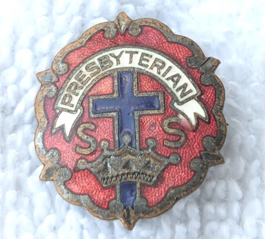 Antique VTG Presbyterian Enamel S.S. Cross Crown Religious Pin Sunday School 