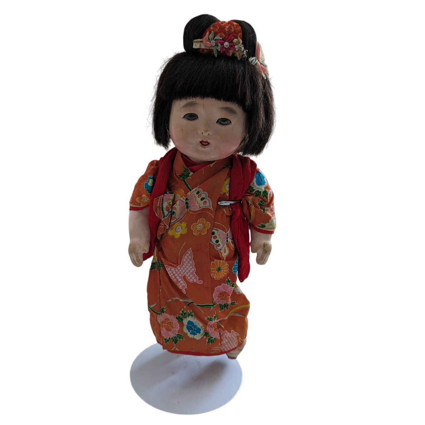 Vintage Japanese Ichimatsu Girl Doll Red Robe over Red Floral Print Kimono 12\