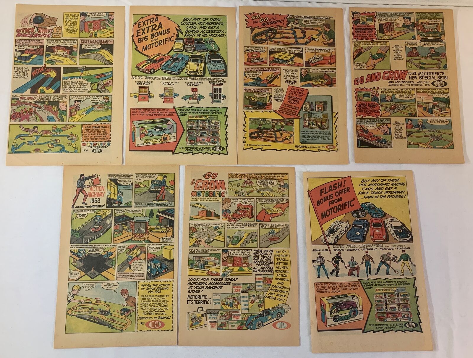 lot of seven 1960s Ideal MOTORIFIC cartoon ad pages