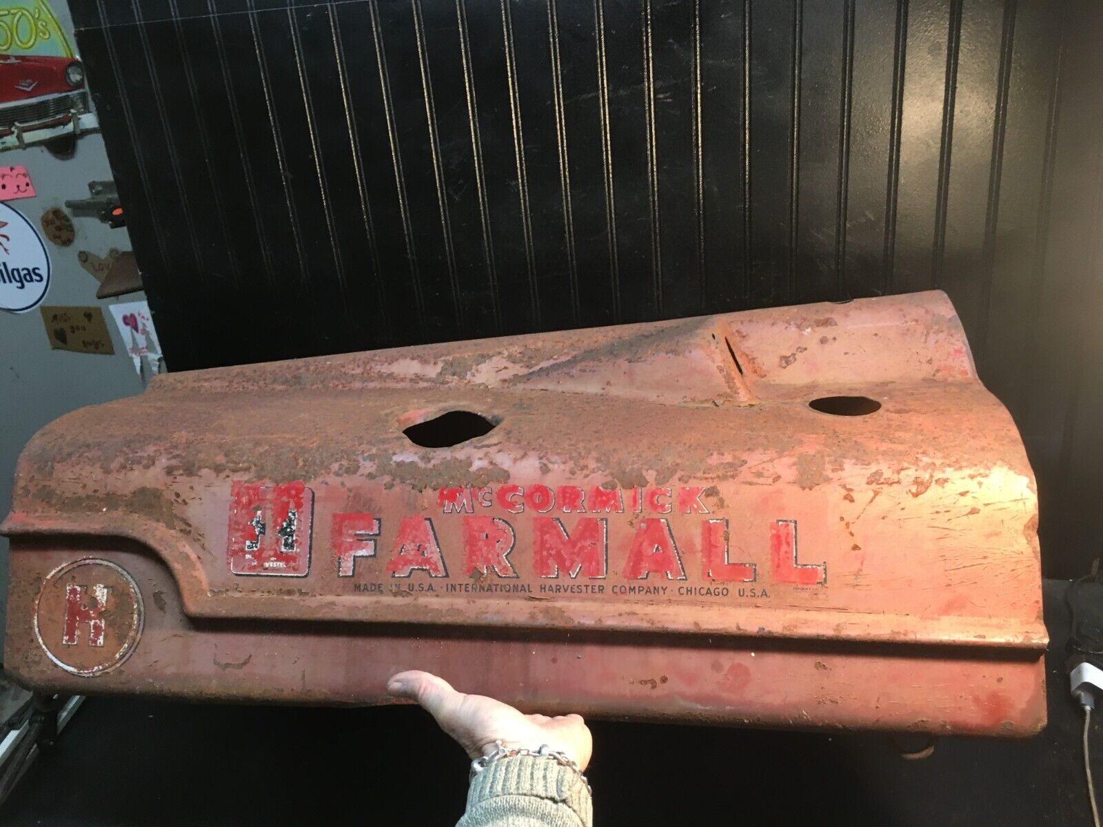 Vintage Farmall International Harvester Tractor Hood Large Sign 33.5 x 15 x 16in