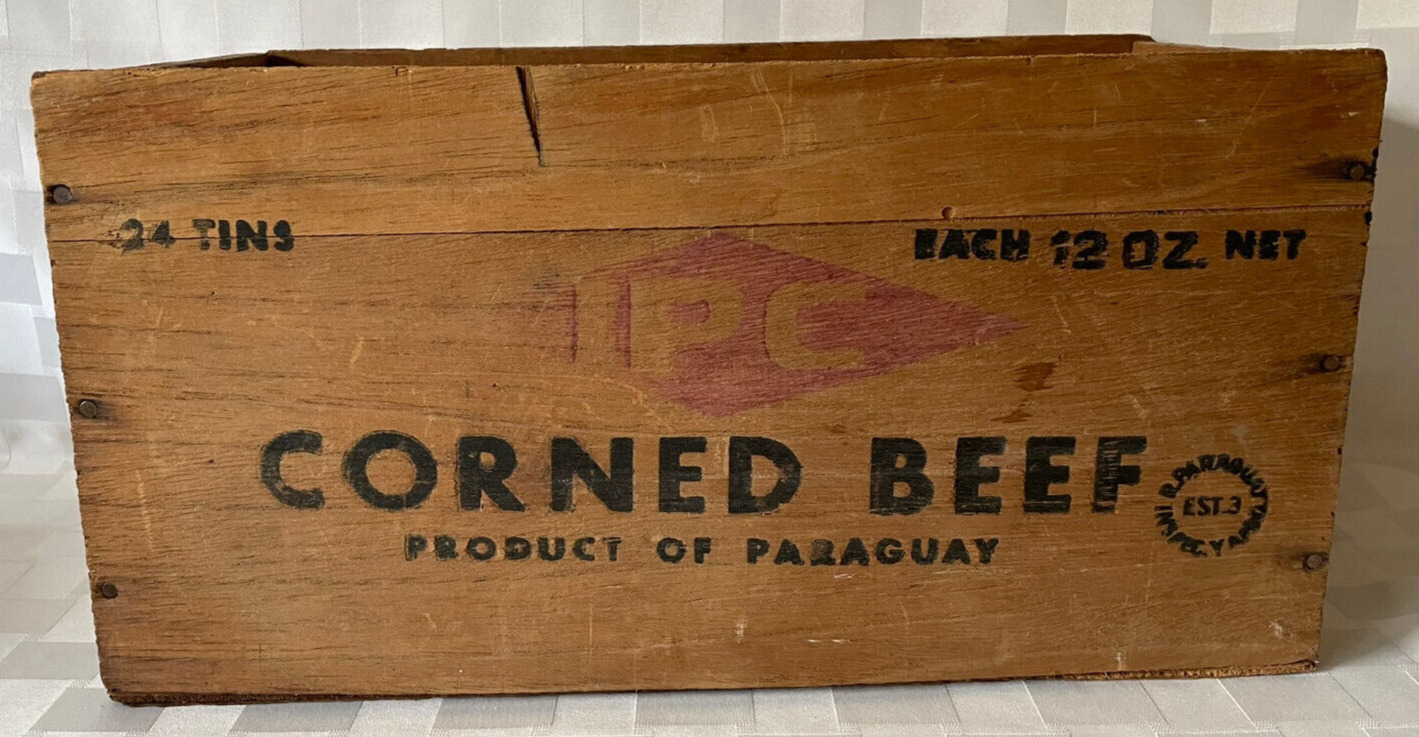 Vintage CORNED BEEF Wood Wooden Advertising Crate IPC PARAGUAY 15x7\