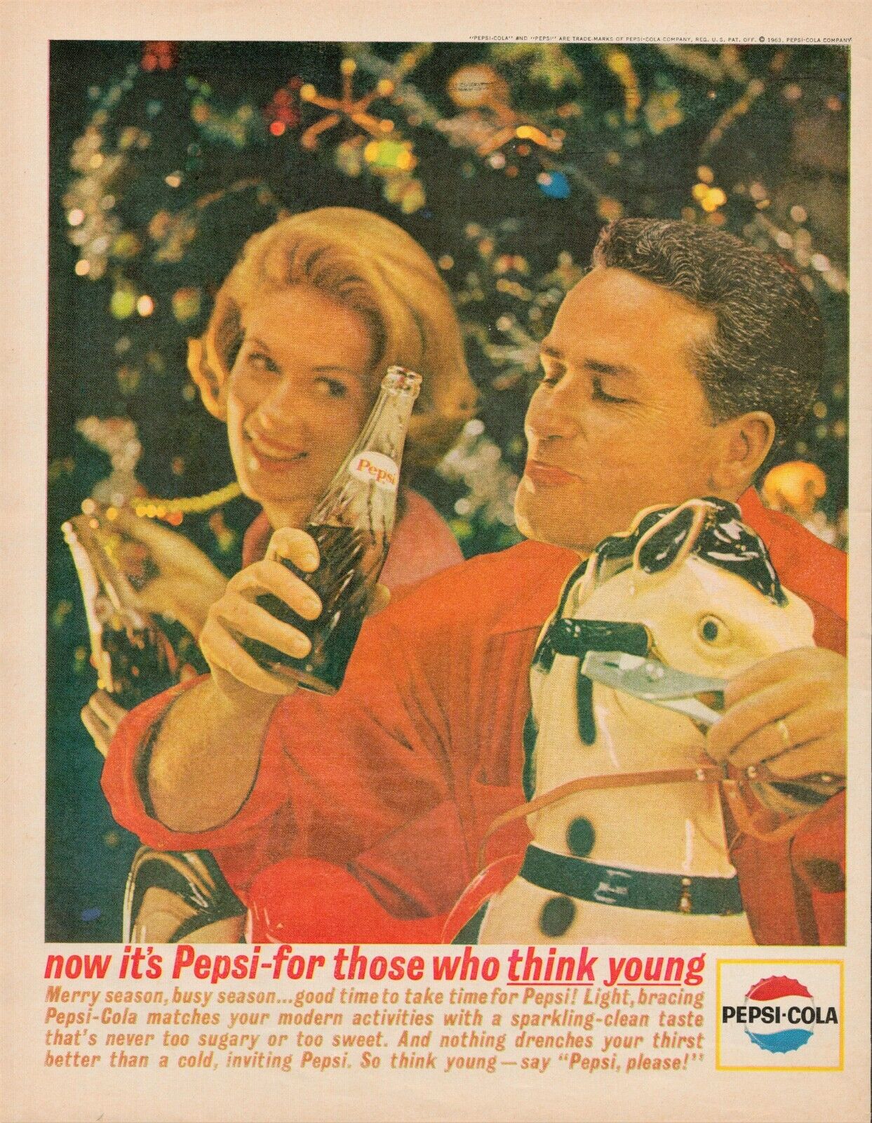 1963 Pepsi Cola Vintage Print Ad Christmas For Those Who Think Young Tree Horse 