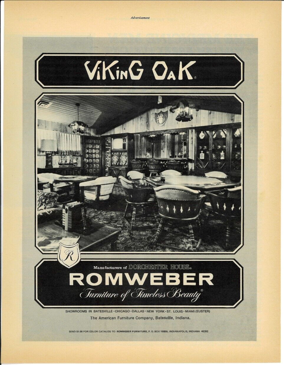 1973 ROMWEBER Viking Oak Furniture Dorchester House Rec Room Vintage Print Ad