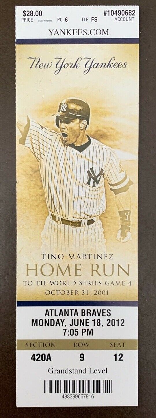 Tino Martinez 2012 New York Yankees ticket stub - CHOOSE DATE IN DESCRIPTION