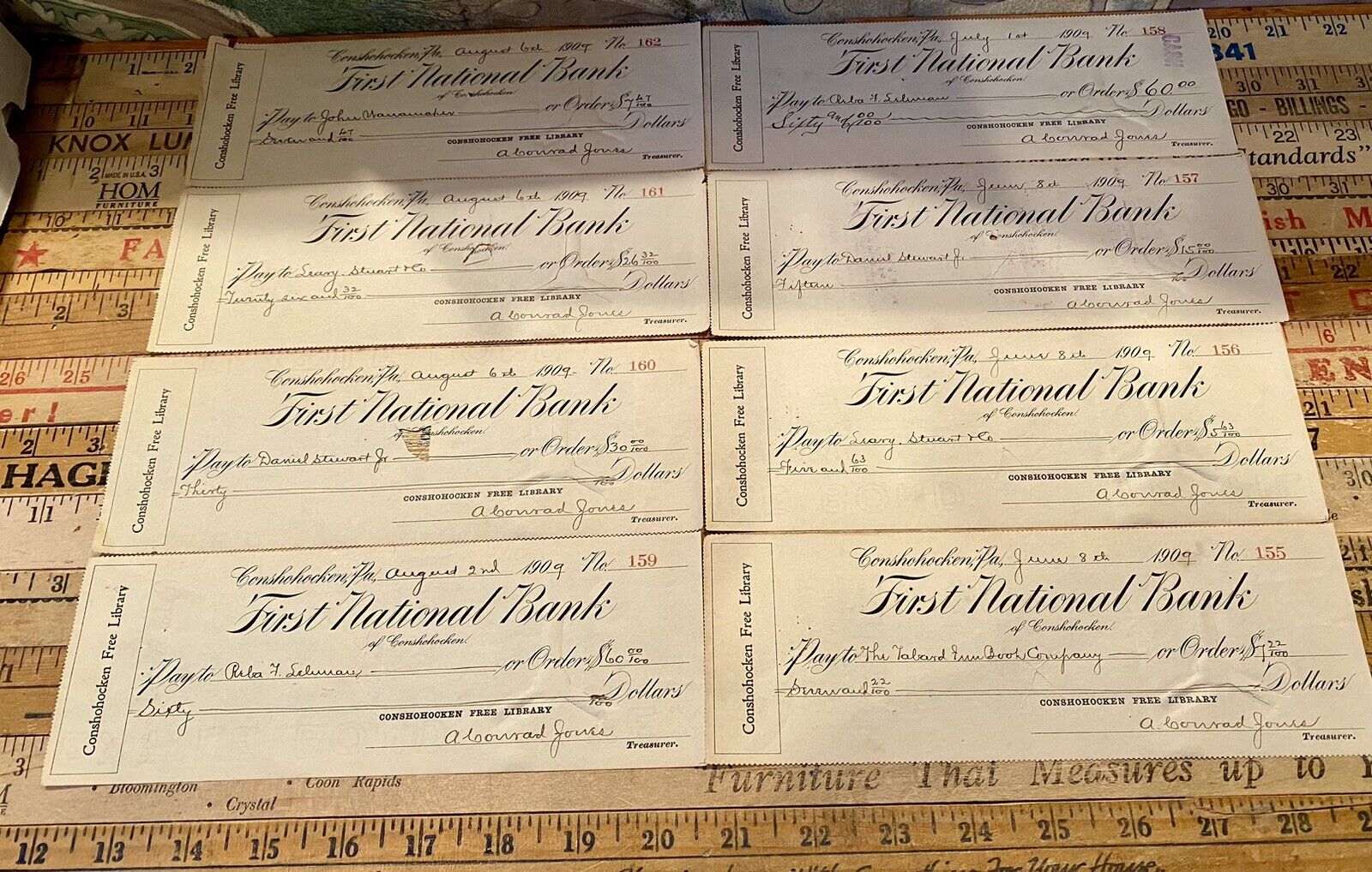 8 Sequential (#155-162) 1909 Antique Cancelled Checks - First National Bank 