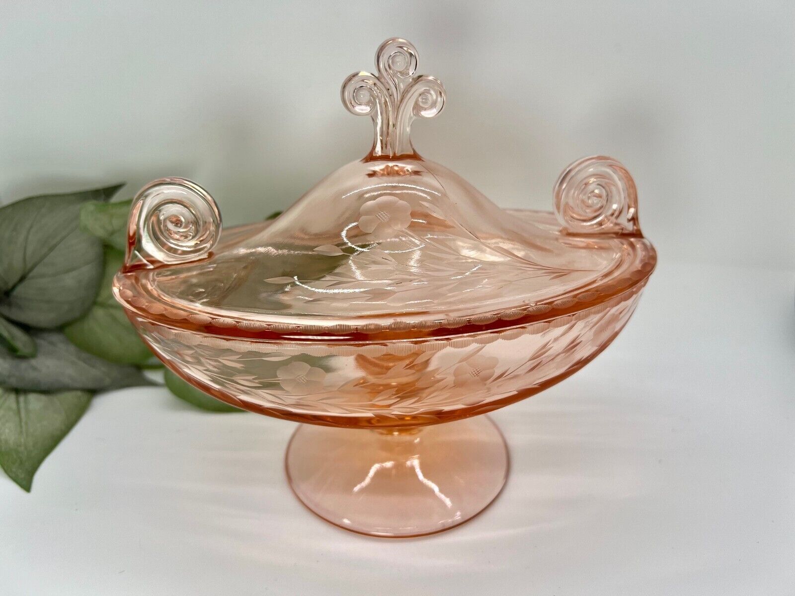 Vintage Fostoria Style ~ Rose Pink Oval Footed Scroll Candy Dish with Cover