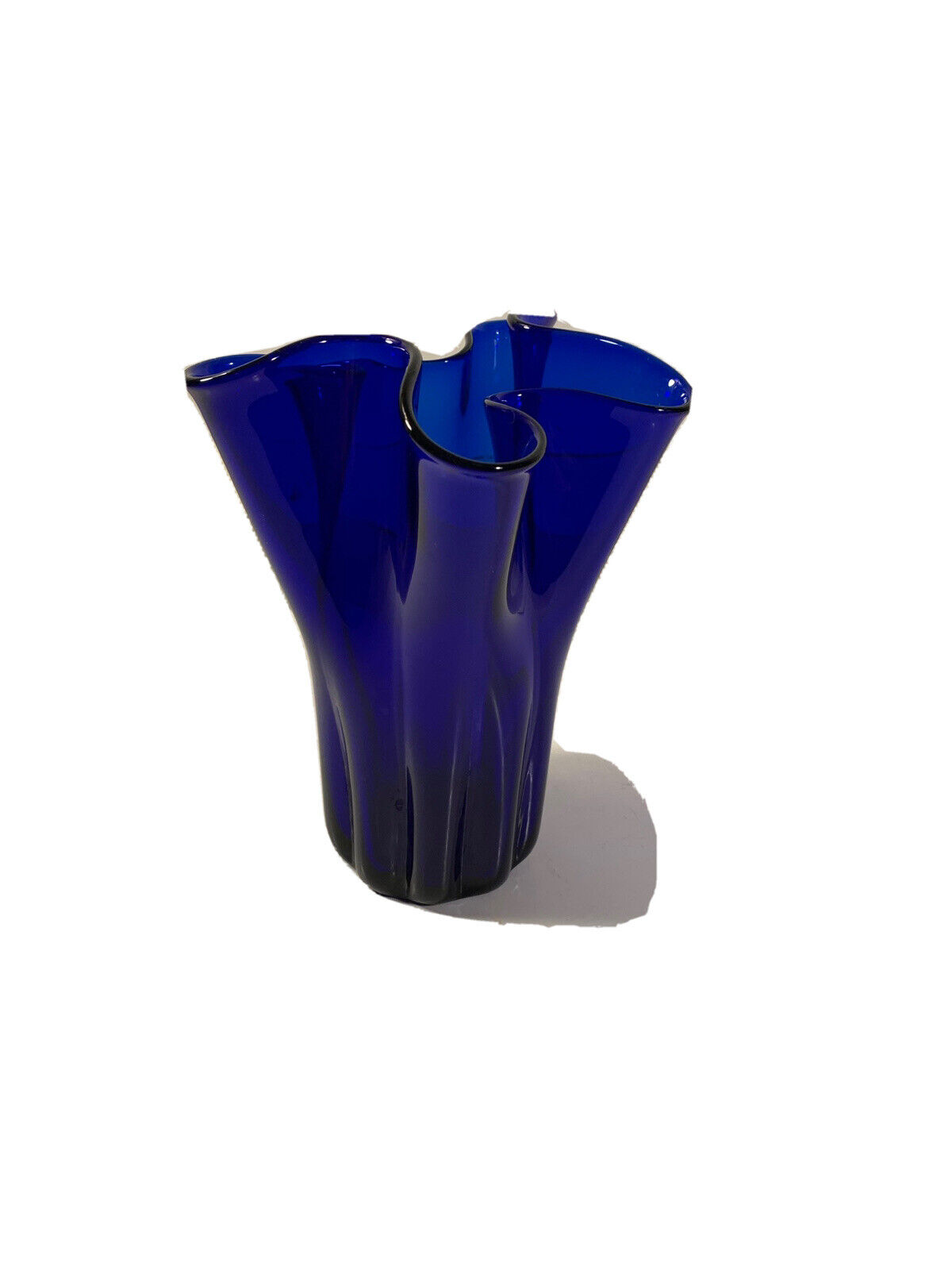 Vtg Handkerchief Vase Hand Blown Ground Pontil About 7” Tall Cobalt Blue Wavy