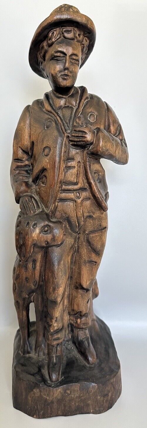 Vintage  Wood Carved Spain Man With His Dog Statue Sculpture  Made In Spain