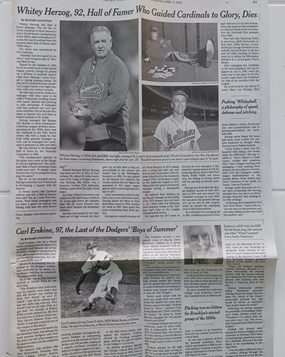 Carl Erskine 97 Brooklyn Dodgers Obituary New York Times Whitey Herzog 92