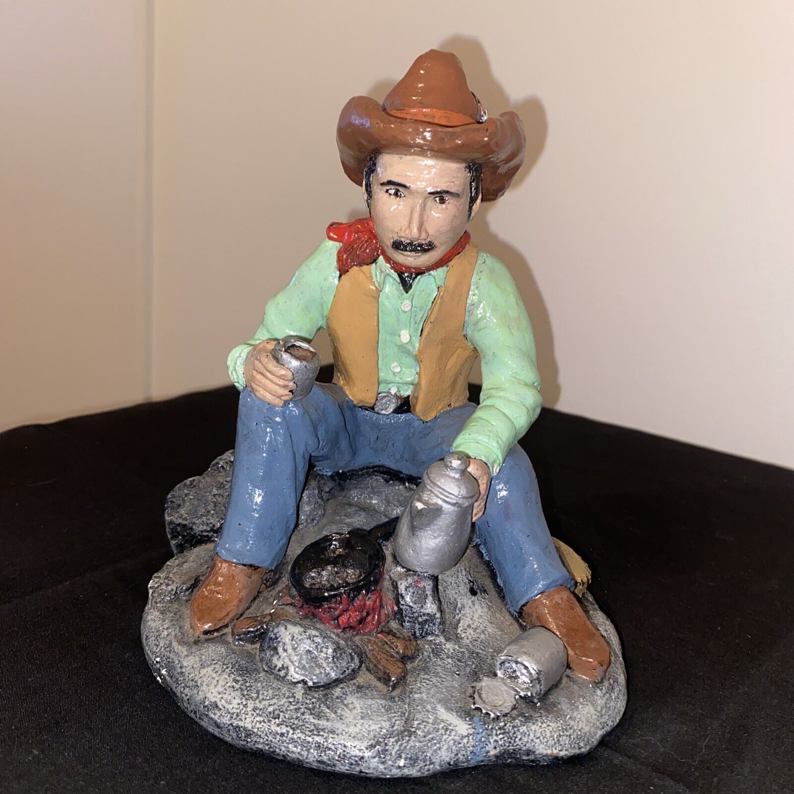 Resin Western Cowboy Sitting At Campsite Appx 7in Height
