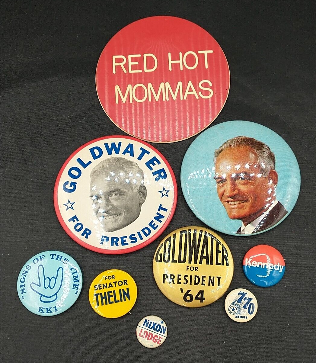 Lot of 9 Vintage Buttons Pins Pinbacks Mostly Political