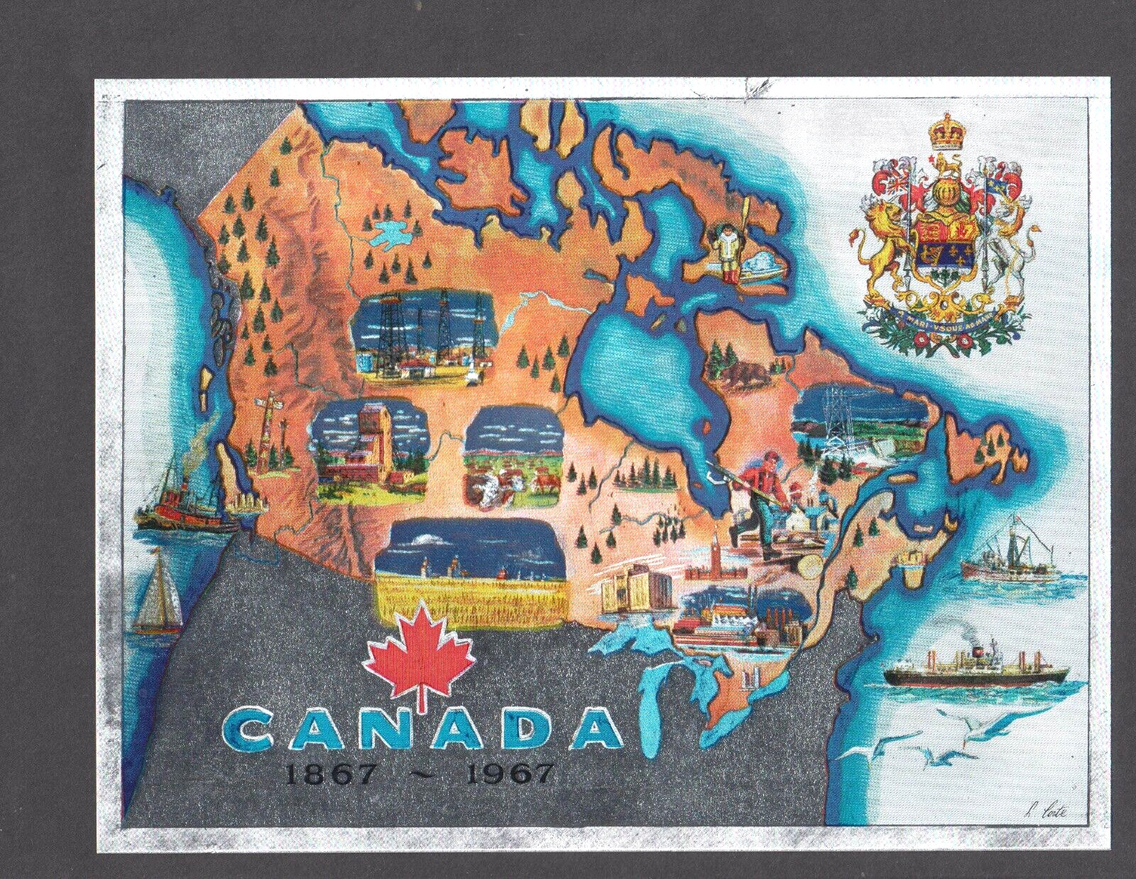 CANADA 1867-1967 LOVELY L. CORTE COLOR MAP ON SILVER BACK-GROUND