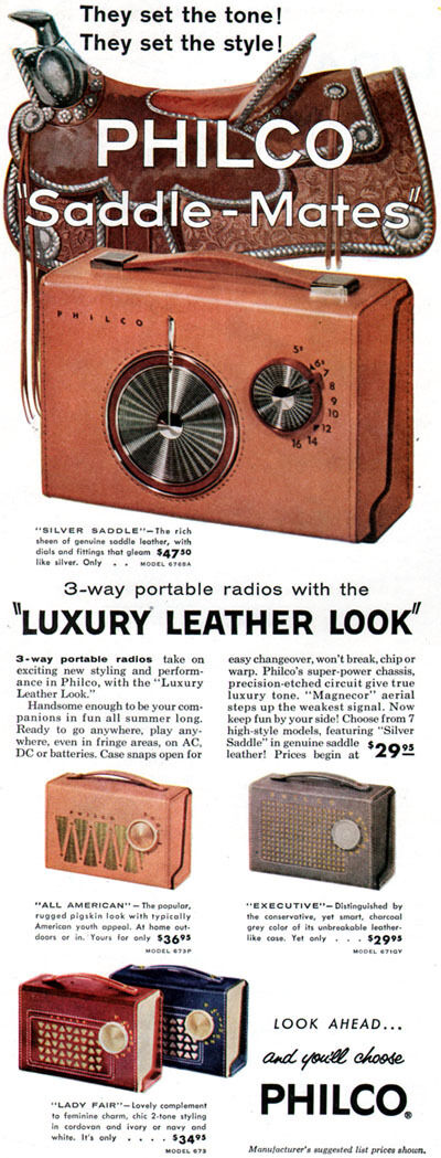 Philco Saddle Mates 3-Way Portable Radios SILVER SADDLE Leather Look 1957 Ad