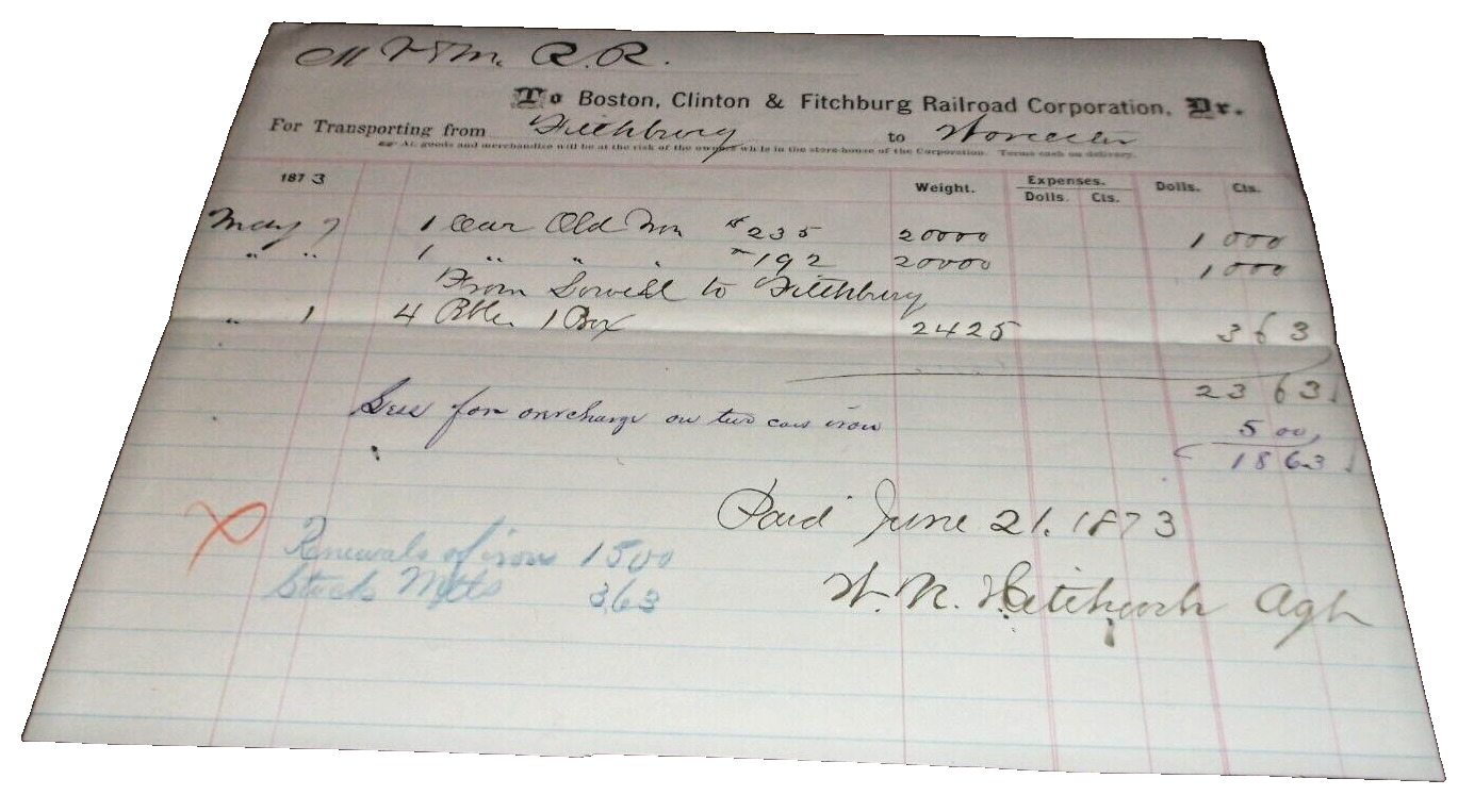 MAY 1873 BOSTON CLINTON & FITCHBURG FREIGHT BILL FITCHBURG MASSACHUSETTS