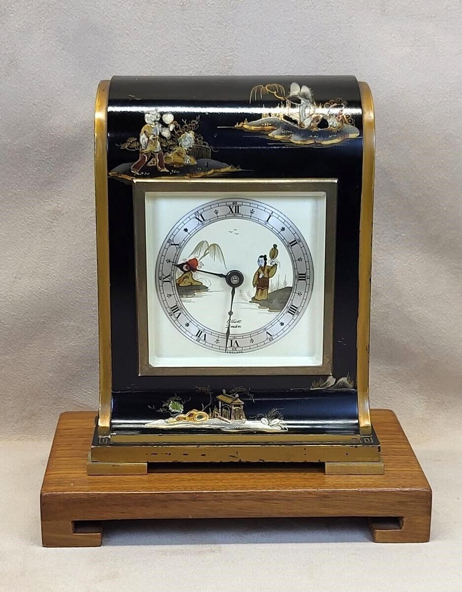 Restored RARE 1950 Elliott London Chinoiserie Painted Lacquer 8-Day Shelf Clock