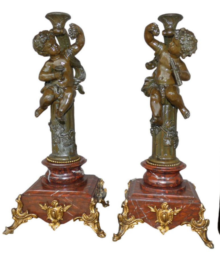 PAIR antique French spelter metal putti cherub candle holders marble base rare