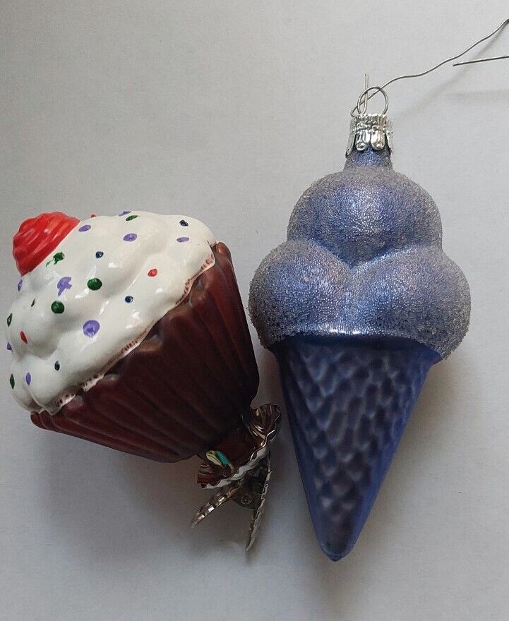 2 VTG Food Desert Glass Xmass ornaments Ice Cream Cone and Muffin on a clip
