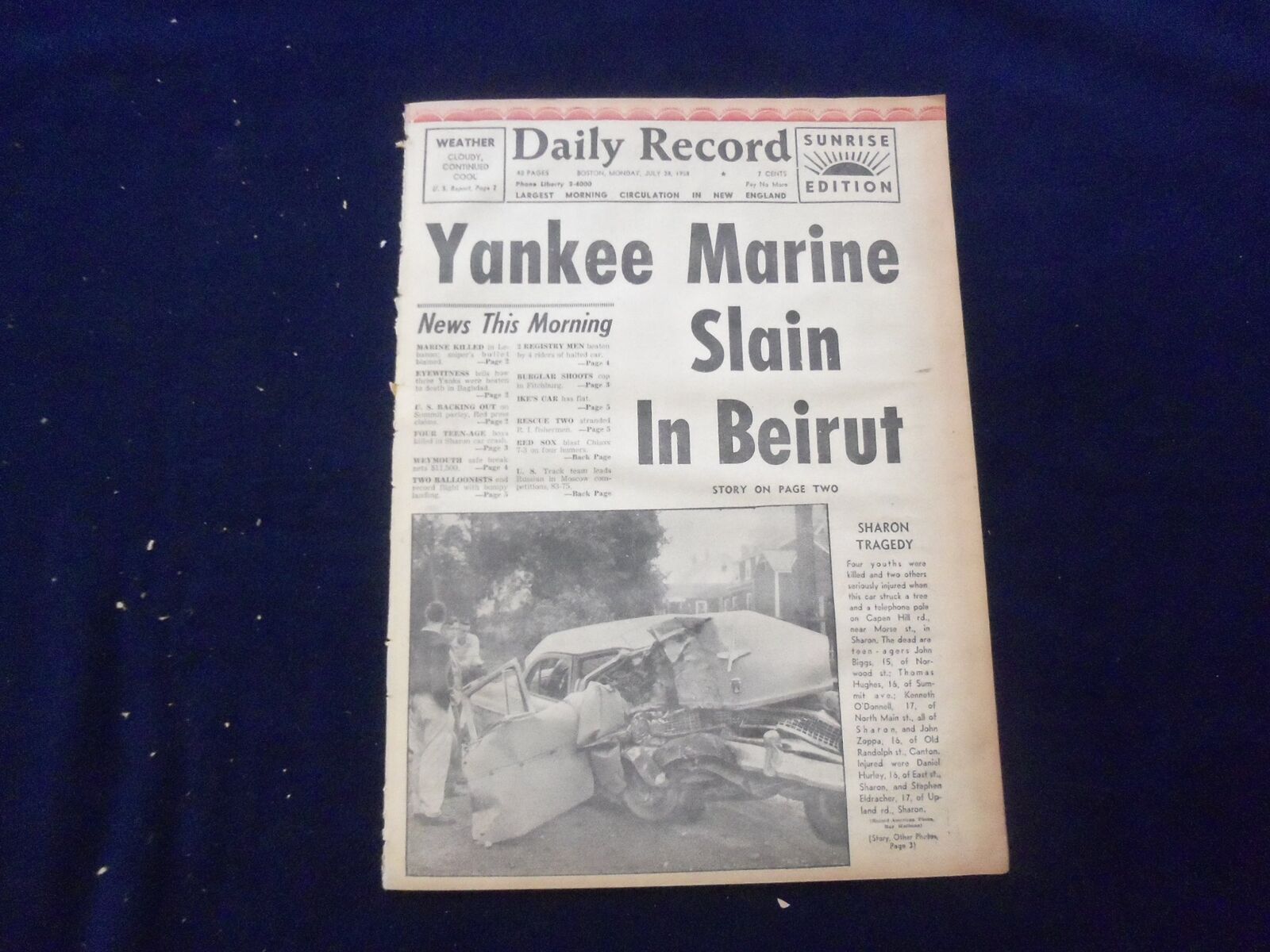 1958 JULY 28 BOSTON DAILY RECORD NEWSPAPER-YANKEE MARINE SLAIN IN BEIRUT-NP 6366