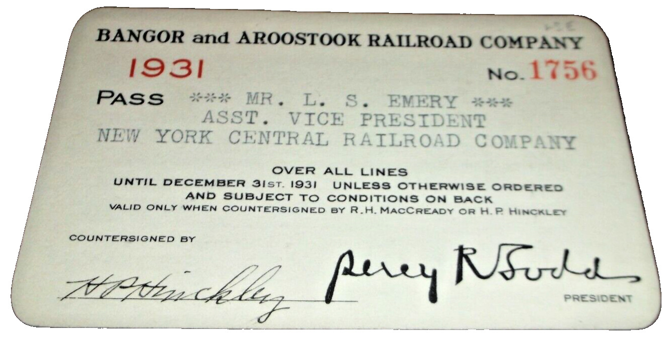 1931 BANGOR & AROOSTOOCK RAILROAD COMPANY EMPLOYEE PASS #1756