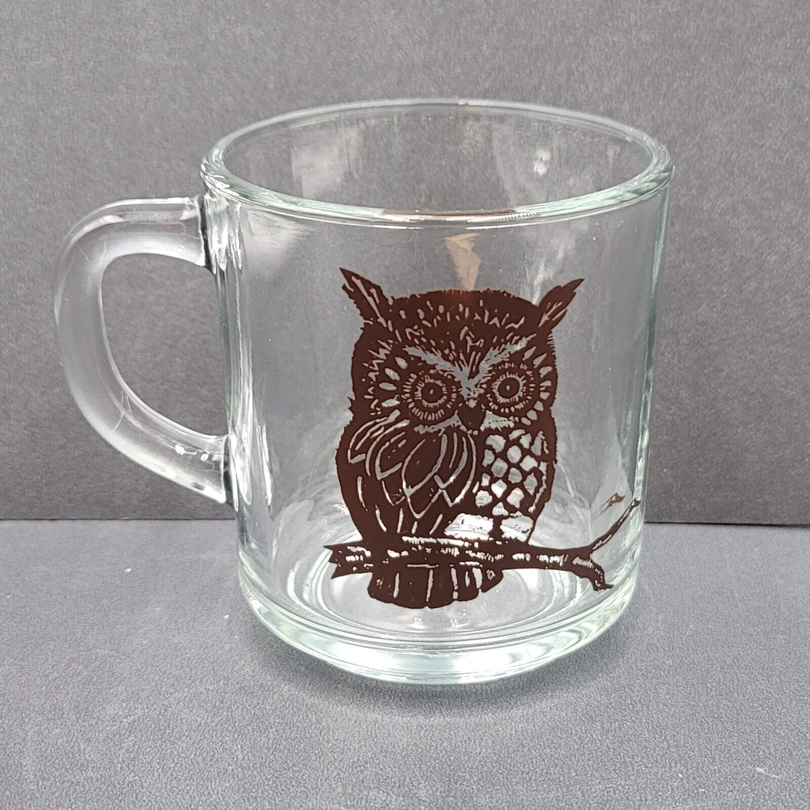 Vintage Anchor Hocking Clear Glass Owl Mug Cup Brown Enamel Bird Small