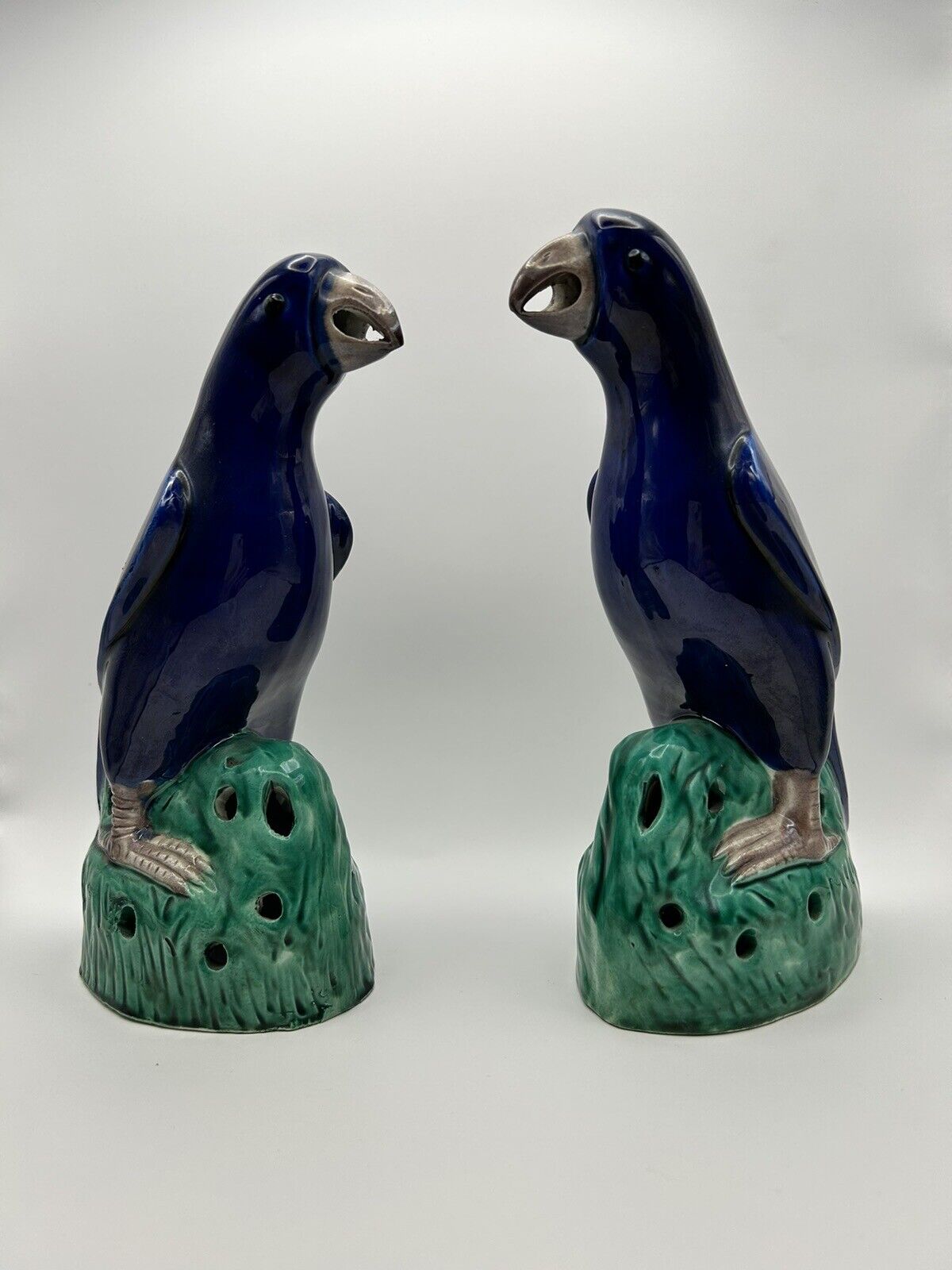 Pair of Authentic 19th Century Chinese Parrots with Cobalt Blue Glaze Figurines