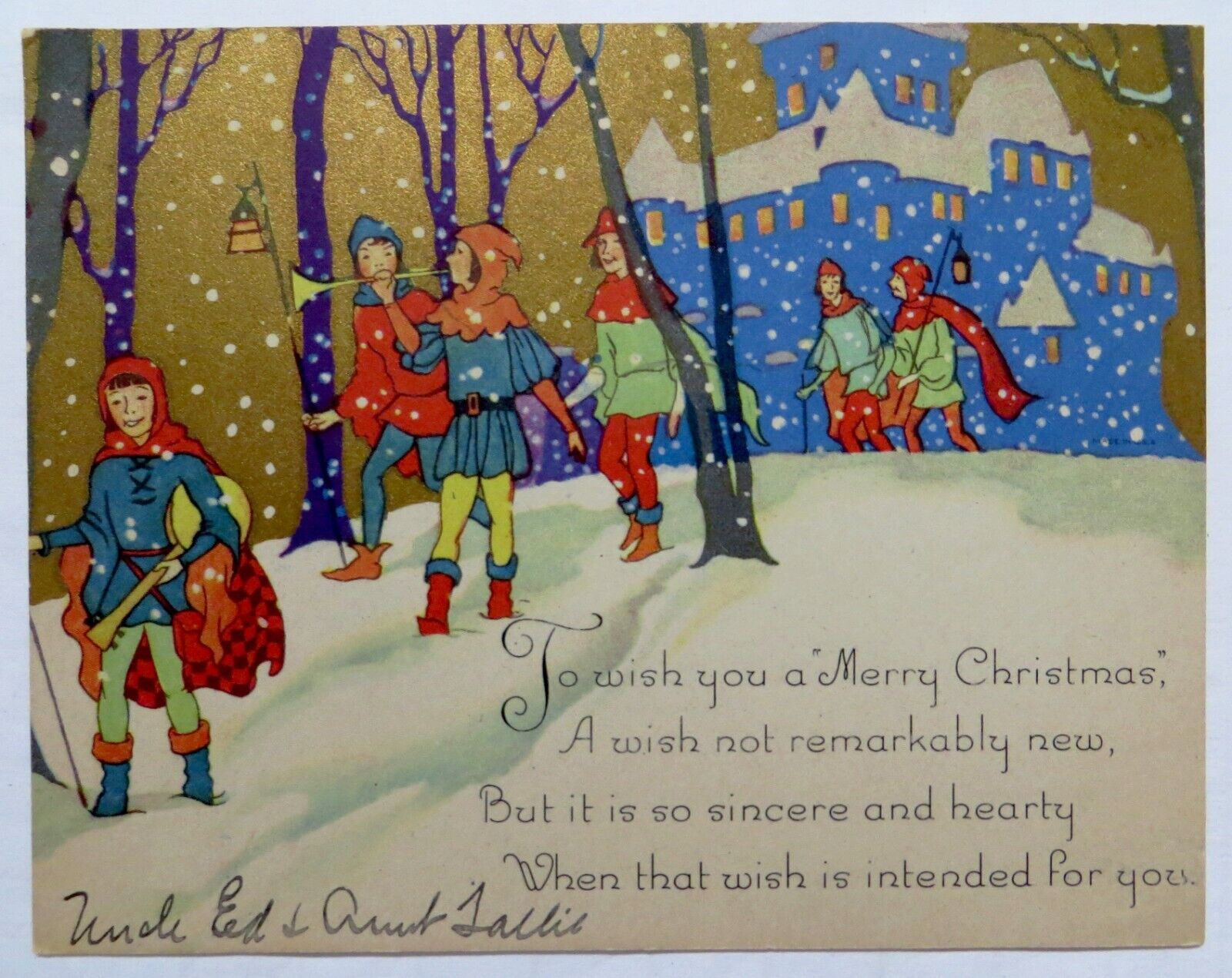 Lovely Art Deco Christmas Card-JESTERS IN THE SNOW-BLUE CASTLE-Gilt