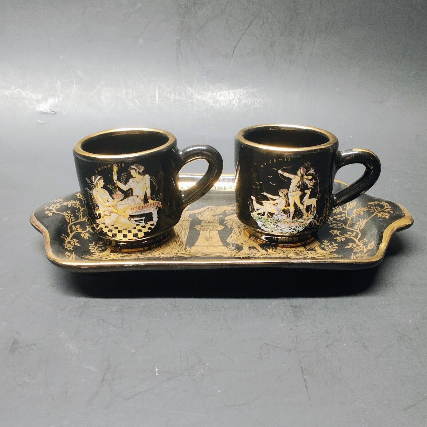 2 Cups & 1 Tray VINTAGE black Takoussis Greek Handmade In 24 K Gold Moschato