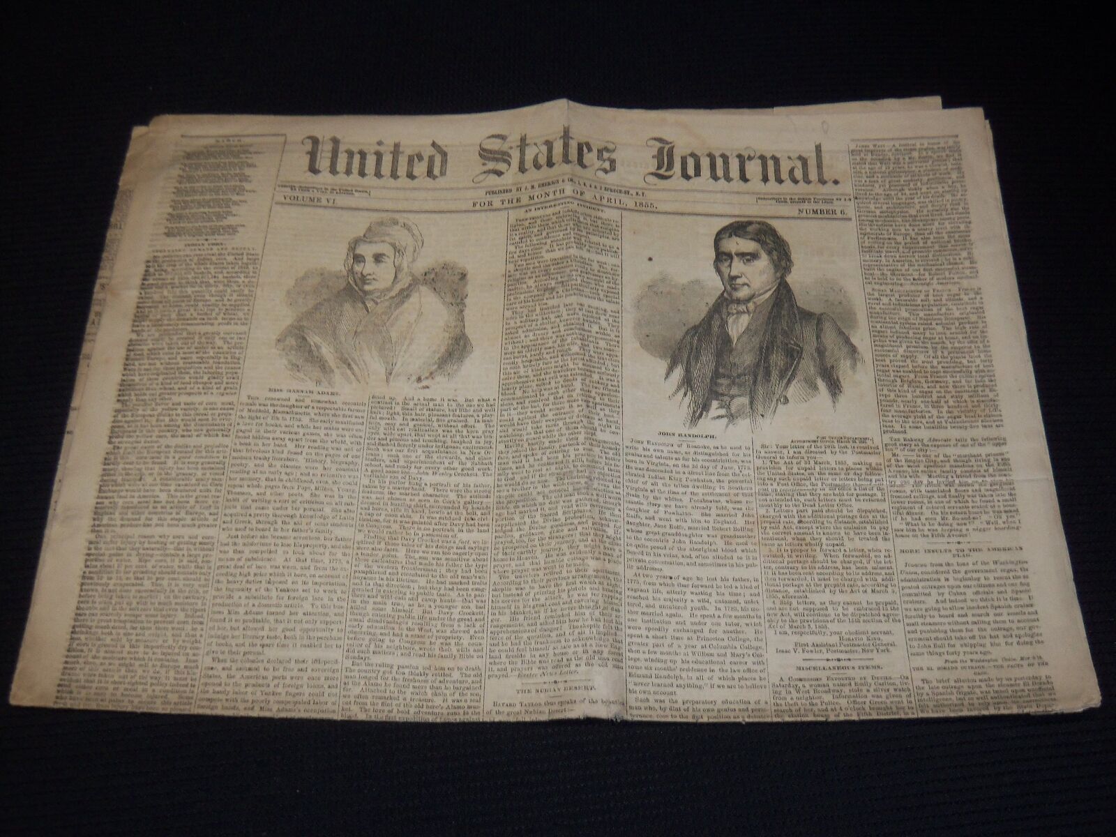 1855 APRIL UNITED STATES JOURNAL NEWSPAPER - JOHN RANDOLPH - NP 3879D